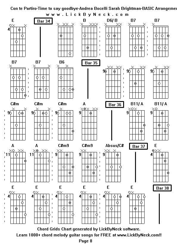 Chord Grids Chart of chord melody fingerstyle guitar song-Con te Partiro-Time to say goodbye-Andrea Bocelli Sarah Brightman-BASIC Arrangement,generated by LickByNeck software.